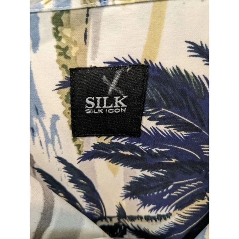 Silk Icon Hawaiian Shirt Button Up Short‎ Sleeve Floral Tan Blue white Large